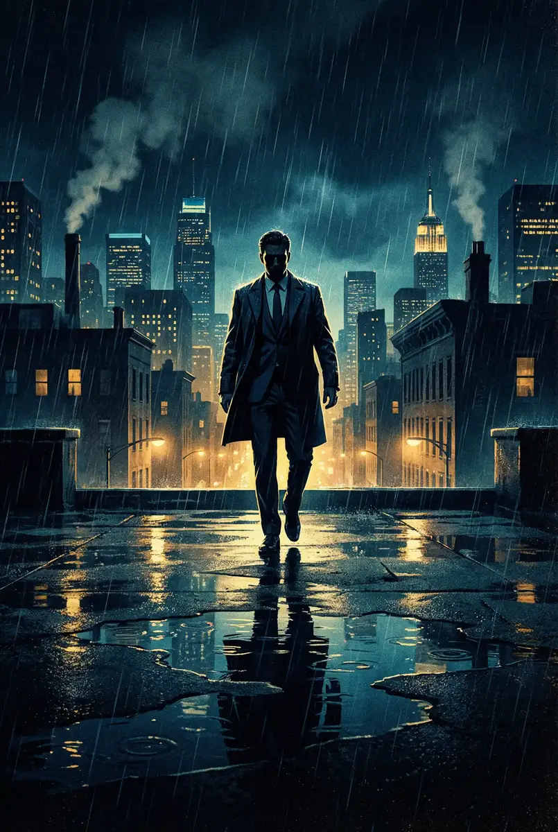 2021年4虎的新地址是多少 出品影片《雨夜独行者》海报，雨中城市屋顶男性剪影